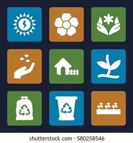 ecology vector icons. Set of 9 ecology filled icons such as hand with seeds, house, flower, recycle bin, trash bag, sprout plants, plant
