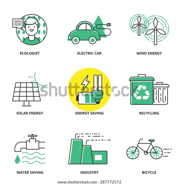 Ecology vector icons set: ecologist,\
electric car, wind energy, solar energy, energy saving, recycling,\
water saving, industry, bicycle. Modern line\
style