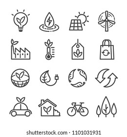 Ecology Vector Icons Set, Flat Thin Line Style. Included recycle, solar cell, trees, alternative energy, globe, bicycle and car signs.