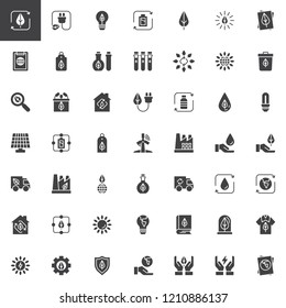 Ecology vector icons set, modern solid symbol collection filled style pictogram pack. Signs logo illustration. Set includes icons as Green leaf, Eco Plug, Light bulb, Solar panel, Battery, Environment
