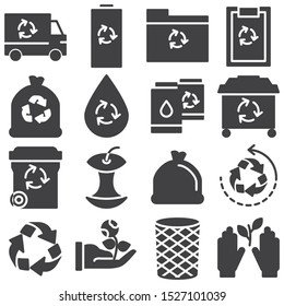 Ecology vector icons set, modern solid symbol collection filled style pictogram pack. Signs logo illustration. Set includes icons as trash can, recycle bin, battery, eco truck, ecology document folder