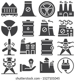Ecology vector icons set, modern solid symbol collection, filled style pictogram pack. Signs logo illustration. Set includes icons as factory building smog, oil barrel, windmill, eco energy, radiation