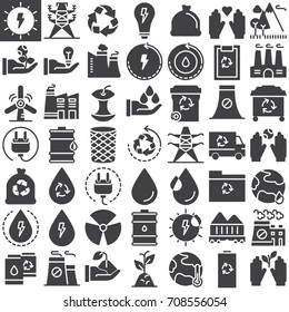 Ecology vector icons set, modern solid symbol collection, filled pictogram pack. Signs, logo illustration. Set includes icons as factory, lightbulb, solar, trash, nuclear, electric plug