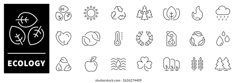 Ecology vector icons. Ecology thin line icon collection. Environment, sustainability, nature, recycle, renewable energy, eco-friendly, forest, green energy, ECO related icons