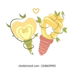 Ecology. Vector illustration for postcards, stickers, posters. Energy saving light bulbs, climbing plant. Alternative Energy Sources