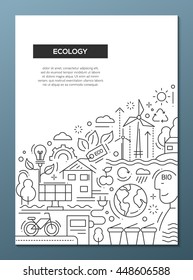 Ecology - vector line design brochure poster, flyer presentation template, A4 size layout. Energy saving, pollution, recycling, heavy industry, climate, ecosystem, environmentally friendly technology