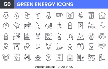 Ecology vector line icon set. Contains linear outline icons like Renewable Energy, Environment, Sustainability, Plant, Nature, Recycle, Leaf, Tree, Waste, Electric Bike. Editable use and stroke.