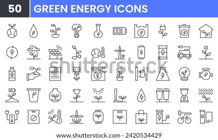 Ecology vector line icon set. Contains linear outline icons like Renewable Energy, Environment, Sustainability, Plant, Nature, Recycle, Leaf, Tree, Waste, Electric Bike. Editable use and stroke.