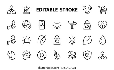 ECOLOGY Vector Line Icons Set, enthält Symbole wie Fotosynthese, Umweltschutz, umweltfreundliche Verpackung, Wachstumszeit, bearbeitbaren Schlaganfall, umweltschonend.