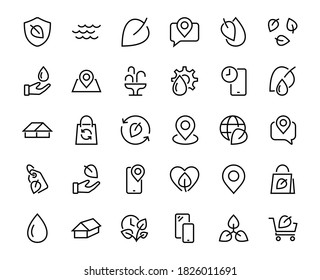 ECOLOGY Vector Line Icons Set, contiene iconos como fotosíntesis, protección ambiental, empaque ecológico, tiempo de crecimiento, trazo editable, Mantener ecología.