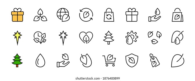 ECOLOGY Vector Line Icons Set, contiene iconos como fotosíntesis, protección ambiental, empaque ecológico, tiempo de crecimiento, trazo editable, Mantener ecología.
