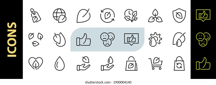ECOLOGY Vector Line Icons Set, contiene iconos como fotosíntesis, protección ambiental, empaque ecológico, tiempo de crecimiento, trazo editable, Mantener ecología.