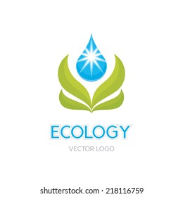 Ecology - vector logo concept illustration. Abstract green leaves and water drop sign. Organic product symbol. Nature icon. Design element. 