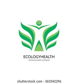 Ecology vector logo template concept illustration. Health sign. Wellness symbol. Nature icon. Human character with green leaves. Design element.