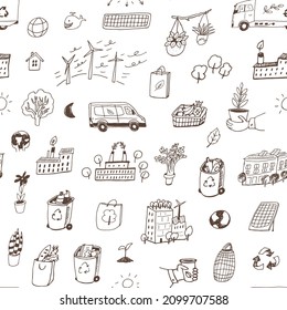 Ecology vector seamless pattern, bio energy, logistic, green factory, save planet, recycling illustrations set.