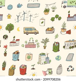 Ecology vector seamless pattern, bio energy, logistic, green factory, save planet, recycling illustrations set.