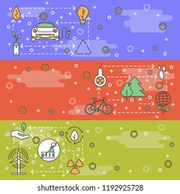 Ecology vector web banner template set. Environment, renewable wind green energy concept. Thin line art flat style design elements, icons, copy space.