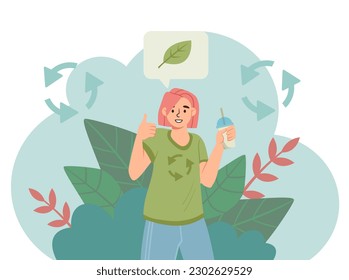 Ecology vegan woman. Young person with cocktail in her hand stands in green Tshirt made from recycled materials. Zero waste and sustainable lifestyle concept. Cartoon flat vector illustration