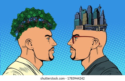 ecología versus desarrollo. ecologista y urbanista. Dibujo vectorial retro de arte pop estilo kitsch vintage de los años 60