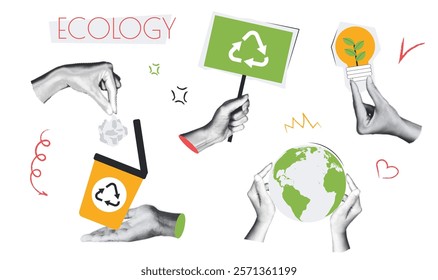 Ecology vintage collage conception set in retro halftone design. Collection with hands holding planet Earth or electricity save light bulb, putting trash into recycling bins. Vector illustration.