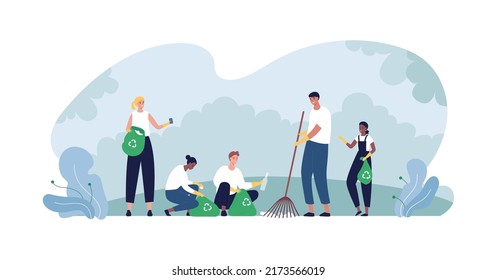 Ecology volunteering concept. Vector flat person illustration. Diverse group of man, woman and children volunteer collect plastic trash on nature park or garden background. Design for ecology activism