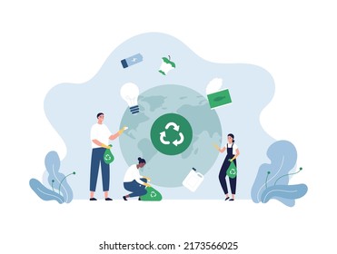 Concepto de voluntariado ecológico. Ilustración vectorial de persona plana. Diversos grupos de voluntarios recogen basura. Planeta Tierra, botella de plástico, batería, comida, lata de metal y símbolo de bombilla.