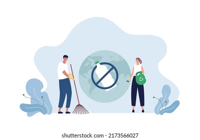 Ecology volunteering concept. Vector flat person illustration. Diverse group of man and woman volunteer collect plastic trash. Planet earth and stop sign with plastic bottle symbol. Design for ecology