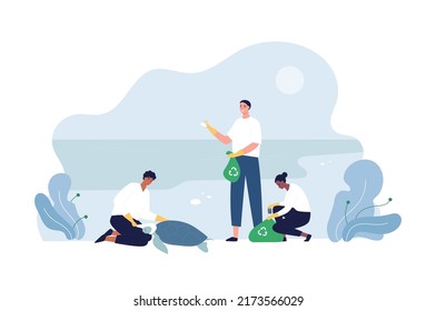 Ecology volunteering concept. Vector flat person illustration. Diverse man and woman volunteer help safe animal turtle and collect garbage on beach background. Design for ecology activism