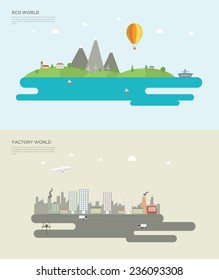 Ecology vs Factory Flat design vector concept illustration 