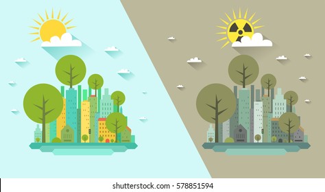 Ecology vs Nuclear radiation concept. Ecological green city vs nuclear disaster. Sun with radiation sign on sky clouds backgrounds. Vector colorful illustration in flat design style 