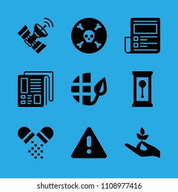 ecology, warning, clock, death, news paper, satellite, newspaper, pills and hand holding a stalk vector icon. Simple icons set