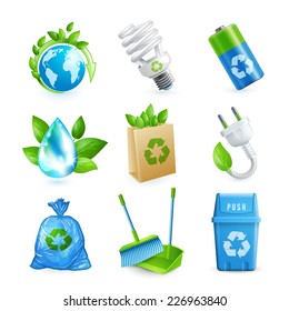 Ecology and waste colored icons set of globe paper bag plug isolated vector illustration.