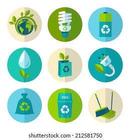 Ecology and waste flat icons set of trash recycling conservation isolated vector illustration.