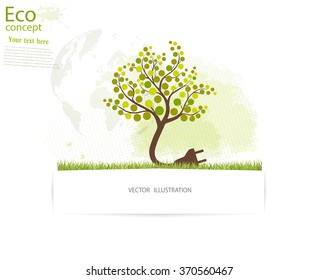 Ecology and waste plug symbol with ECO friendly tag on the globe background and the silhouette of the tree. Vector illustration of ecology the concept of info graphics modern design. Insert the text. 
