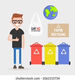 Ecology. Waste recycling. Paper, plastic and glass. Earth day. Flat editable vector illustration, clip art