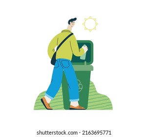 Ökologie - Abfallsortierung - Moderne, flache Vektorgrafik eines jungen Mannes, der eine Glasflasche in den Müllcontainer für Glasabfälle steckt. Kreative Website-Illustration