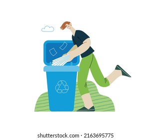 Ecology - Waste sorting -Modern flat vector concept illustration of a young man putting a paper journals into the garbage container for paper waste. Creative landing web page illustartion