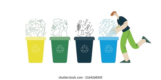 Ecology - Waste sorting -Modern flat vector concept illustration of a young man putting a paper journals into the garbage container for paper waste. Creative landing web page illustartion