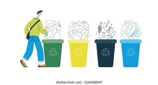 Ecología - Ordenación de desechos - Moderna ilustración de un joven que pone una botella de vidrio en el contenedor de basura para desechos de vidrio. Ilustración creativa de la página web de aterrizaje