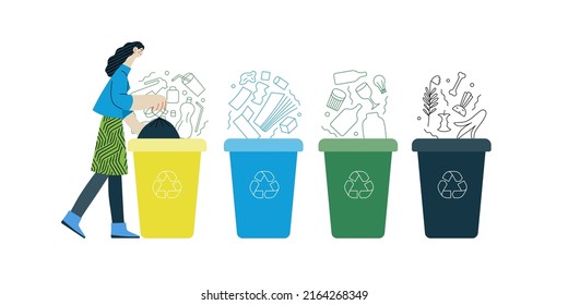 Ecology - Waste sorting -Modern flat vector concept illustration of a young woman putting a trash bag into the garbage container for plastic waste. Creative landing web page illustartion