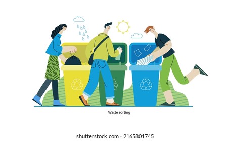 Ecology - Waste sorting -Modern flat vector concept illustration of people putting a plastic, paper and glass into the garbage container for sorted waste. Creative landing web page illustartion