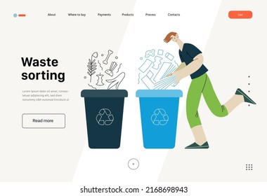 Ecology - Waste sorting -Modern flat vector concept illustration of a young man putting a paper journals into the garbage container for paper waste. Creative landing web page template