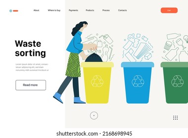 Ecology - Waste sorting -Modern flat vector concept illustration of a young woman putting a trash bag into the garbage container for plastic waste. Creative landing web page template