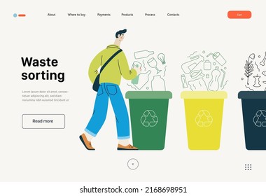 Ecology - Waste sorting -Modern flat vector concept illustration of a young man putting a glass bottle into the garbage container for glass waste. Creative landing web page template