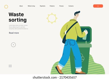 Ecology - Waste sorting -Modern flat vector concept illustration of a young man putting a glass bottle into the garbage container for glass waste. Creative landing web page template