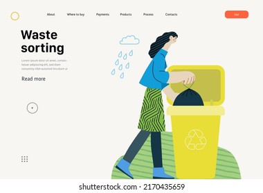 Ecology - Waste sorting -Modern flat vector concept illustration of a young woman putting a trash bag into the garbage container for plastic waste. Creative landing web page template