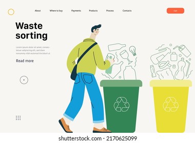 Ecology - Waste sorting -Modern flat vector concept illustration of a young man putting a glass bottle into the garbage container for glass waste. Creative landing web page template