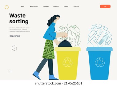 Ecology - Waste sorting -Modern flat vector concept illustration of a young woman putting a trash bag into the garbage container for plastic waste. Creative landing web page template