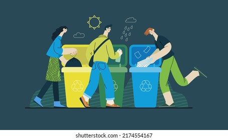 Ecología - Ordenación de desechos - Moderna ilustración de concepto de vector plano de personas que ponen plástico, papel y vidrio en el contenedor de basura para clasificar desechos. plantilla de página web de aterrizaje creativo
