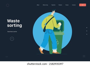 Ecología - Ordenación de desechos - Moderna ilustración de un joven que pone una botella de vidrio en el contenedor de basura para desechos de vidrio. plantilla de página web de aterrizaje creativo